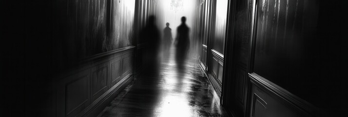 Poster - Eerie dark corridor filled with ghostly figures and flickering light creates a haunting cinematic atmosphere