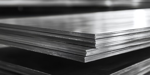 Poster - Close-up of stack of metal sheets showcasing smooth texture and reflective surface in industrial manufacturing setting, ideal for engineering projects