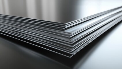 Poster - Close-Up of Stack of Metallic Sheets with Reflections and Sharp Edges on a Dark Surface in Soft Natural Light