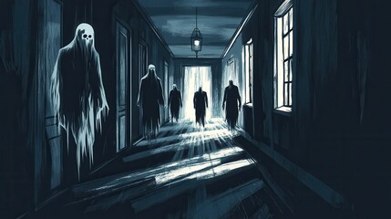 Poster - Eerie dark corridor filled with ghostly figures and flickering light creates a chilling horror atmosphere at night