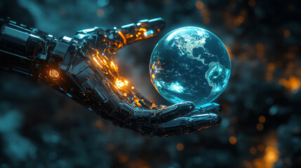 Poster - glowing robotic hand holds holographic earth, symbolizing technology and sustainability
