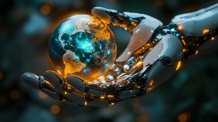 Poster - glowing robotic hand holds holographic earth, symbolizing technology and innovation