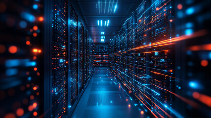 Poster - high speed data streams glowing in cyber tunnel environment