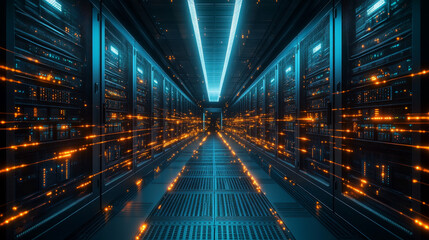 Poster - High speed data streams glowing in tunnel like cyber environment