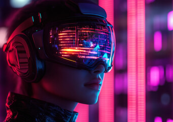 Poster - cyber hacker with glowing visor and neon holographic display