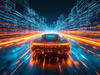 Poster - Futuristic car speeding through glowing digital highway at night
