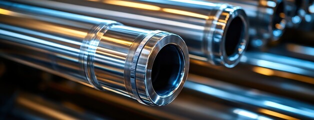 Poster - Close-Up View of Glimmering Metal Pipes in Industrial Setting with Reflective Surface and Smooth Finishes Perfect for Manufacturing and Engineering Projects