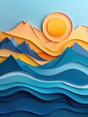 Aufkleber - Vibrant paper art landscape featuring layered waves and mountains with a radiant sun in warm hues and gradient colors Generative AI