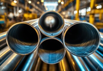 Poster - Close-Up View of Industrial Steel Pipes in a Warehouse, Showcasing Crisp Edges and Reflections, with Soft Lighting Enhancing the Steel Texture and Depth