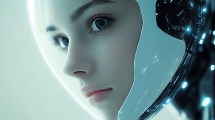 Poster - Woman's face with futuristic helmet illustrating the connection between ai technology and healthcare innovations
