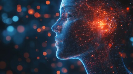 Poster - Woman's head with glowing brain depicting the intersection of human intelligence and artificial intelligence advancements