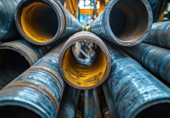 Poster - Close-Up View of Industrial Steel Pipes with Orange Paint, Capturing Textures, Patterns, and Depth in a Manufacturing Environment