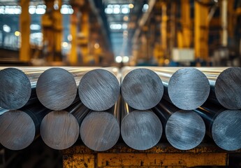 Poster - Close-Up View of Industrial Steel Rods in a Large Factory with Workshop Environment Highlighting Production and Material Quality