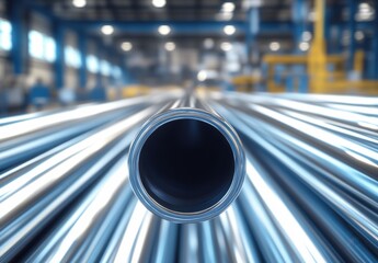 Poster - Close-up View of Industrial Steel Tube Surrounded by Pipe in Bright Factory Environment with Blue and Yellow Equipment in Background