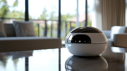 Poster - White sphere shaped object positioned on a table against a clean background with ample copy space for design projects