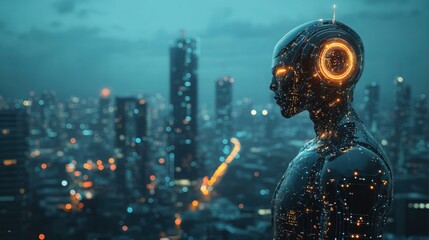 Poster - Robot figure with a vibrant city background illustrating the intersection of technology and urban living innovations