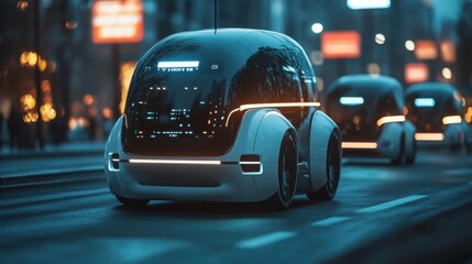 Poster - Futuristic autonomous vehicle driving down a modern urban street surrounded by skyscrapers and pedestrian walkways