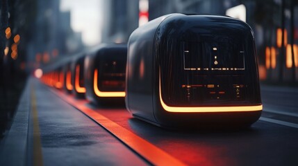 Poster - Autonomous train navigating through a bustling city street with passengers and pedestrians in a vibrant urban setting