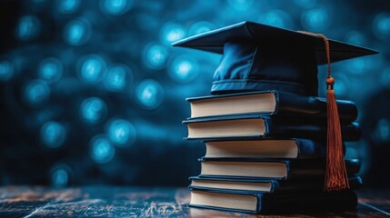 Poster - Graduation cap placed on a stack of books symbolizing the role of education in understanding blockchain technologies
