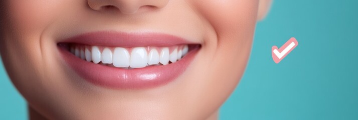 Poster - Bright smile showcasing healthy teeth with gentle dental care appeal in a fresh pastel blue background Generative AI