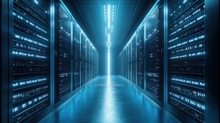 Poster - A server room filled with rows of servers emphasizing the critical role of blockchain infrastructure in data management
