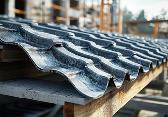 Poster - Close-Up View of Metallic Roof Tiles Stacked on Wooden Pallets in a Construction Site with Blurred Background and Natural Light