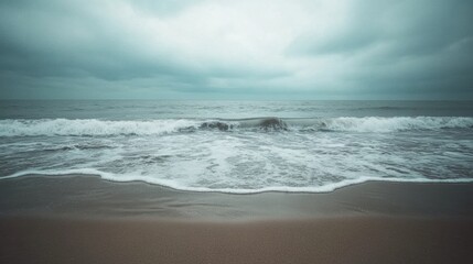 Poster - Lonely seashore with gentle waves under an overcast sky and open space for text Generative AI