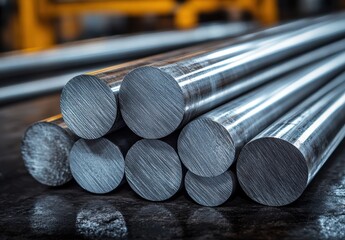 Poster - Close-up View of Metallic Steel Rods Stacked in a Workshop, Showcasing Their Smooth Surface and Industrial Texture in Natural Lighting