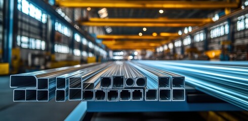 Poster - Close-Up View of Metallic Steel Tubes in Industrial Warehouse with Bright Lighting and Organized Layout for Manufacturing and Construction Use