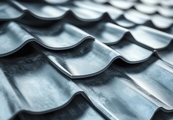 Poster - Close-up View of Modern Metallic Roof Tiles with Curved Design Showcasing Texture and Reflection in Natural Light for Architectural Inspiration