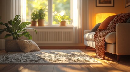 Poster - Cozy living room featuring a comfortable couch and indoor plant creating a warm and inviting atmosphere for relaxation