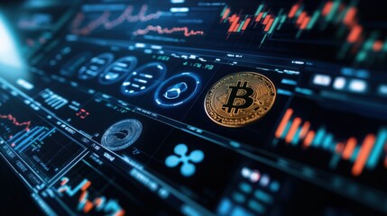 Poster - Bitcoin coin displayed on a digital screen highlighting the modern approach to cryptocurrency trading and investment