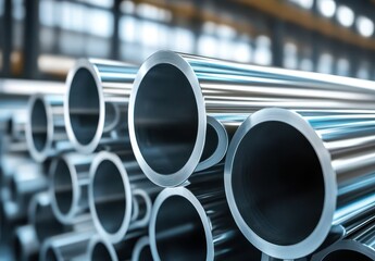 Poster - Close-Up View of Polished Metal Pipes Offers Industrial Aesthetic for Manufacturing, Construction, and Engineering Projects in Bright Interior Setting
