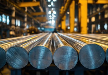 Poster - Close-Up View of Polished Metal Rods in Industrial Warehouse Showing Manufacturing Process and Workshop Environment with Bright Lighting