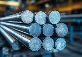 Poster - Close-Up View of Polished Metal Rods Stacked Neatly in a Manufacturing Workshop Environment with Industrial Equipment in the Background