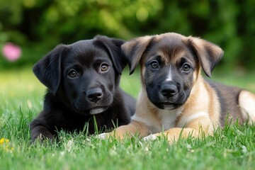 Aufkleber - Two adorable puppies resting in a green yard on a sunny day together enjoying nature and companionship Generative AI