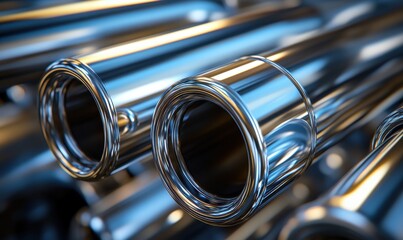 Poster - Close-Up View of Polished Metal Tubes Reflecting Light with a High-Gloss Finish in Industrial Setting