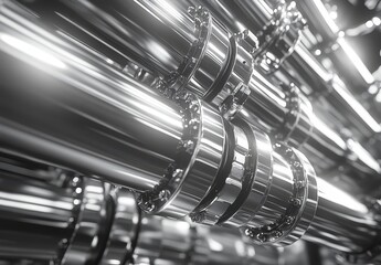 Poster - Close-Up View of Polished Metallic Pipes with Glimmering Surface and Detailed Connectors in Industrial Setting