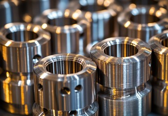 Poster - Close-Up View of Precision Engineered Metallic Components with Reflective Surfaces in a Factory Setting Highlighting Industrial Texture and Design