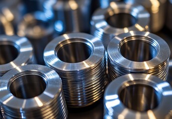 Poster - Close-up View of Precision Metal Washers with a Shiny Finish in a Manufacturing Environment for Industrial Applications