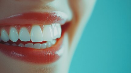 Poster - Smiling mouth with bright white teeth set against a soft pastel blue background for a cheerful dental check up theme Generative AI