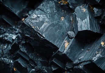 Poster - Close-Up View of Shiny Black Mineral Crystals with Golden Accents on Rough Surface for Natural Textures or Geological Backgrounds