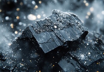 Poster - Close-Up View of Shiny Black Mineral Crystal Formation with Blurred Background and Sparkling Dust Particles, Ideal for Natural Textures and Geological Themes