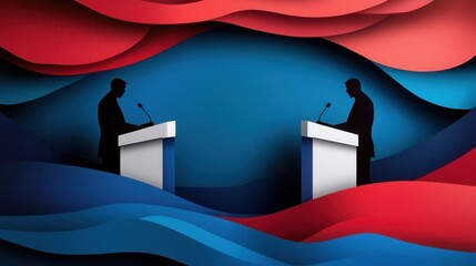 Poster - Bold paper art design featuring silhouettes of figures engaged in a political debate with dynamic abstract background Generative AI