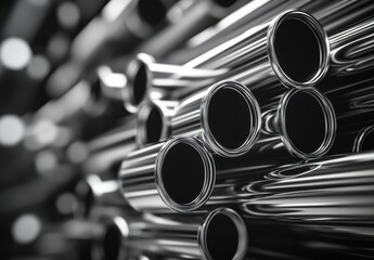Poster - Close-Up View of Shiny Metal Pipes Stacked Together in an Industrial Setting with Reflective Surface and Abstract Background