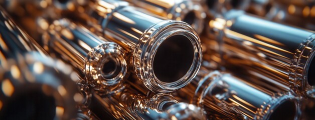Poster - Close-Up View of Shiny Metal Tubes with Reflective Surfaces and Unique Design Patterns for Industrial and Abstract Backgrounds