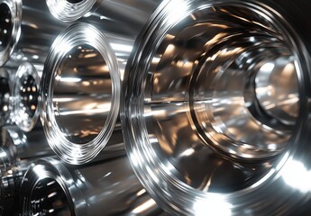 Poster - Close-up View of Shiny Metal Tubes with Reflections in a Modern Industrial Setting, Capturing Light and Curved Surfaces for Artistic Impact