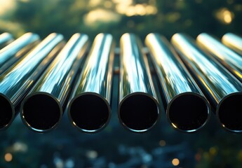 Poster - Close-Up View of Shiny Metallic Pipes Reflecting Sunlight in a Natural Setting with Soft Background Bokeh Effect
