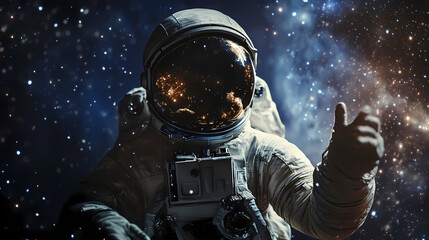 Wall Mural - A ghostly astronaut floating through the starry cosmos on halloween night sci fi photography concept with copy space for text. Transcendent - Statue. Illustration