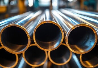 Poster - Close-Up View of Shiny Steel Pipes in a Manufacturing Facility with Reflective Surfaces and Industrial Background